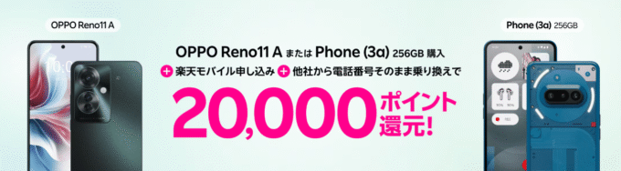 楽天モバイル　20,000ポイントキャッシュバックキャンペーン